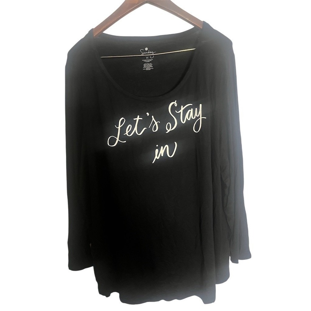 Sunday T-Shirt Womens Plus 2XL Black Long Sleeve Let's Stay In Graphic